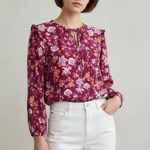 Cooper & Ella Floral Georgette Blouse Tie Neck  Ruffle on Shoulder Long Sleeves